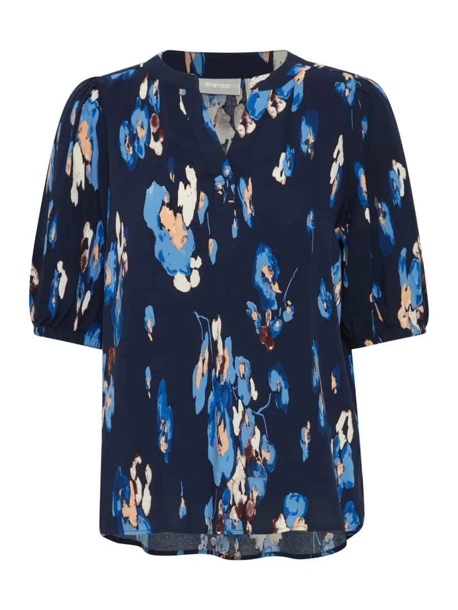 3486 - Navy Print, Short Sleeve, Top- Fransa