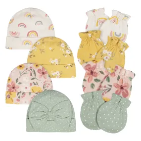 8-Piece Baby Girls Golden Floral No Scratch Mittens & Caps Set