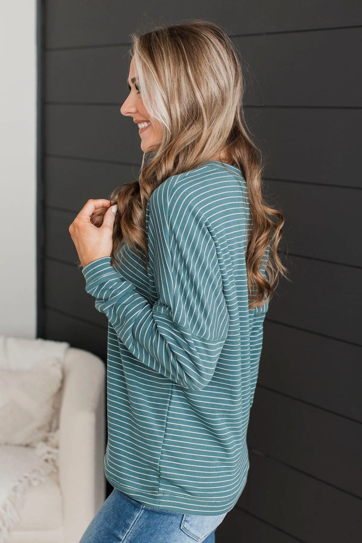 Brighten My Day Striped Pullover Top- Dark Teal