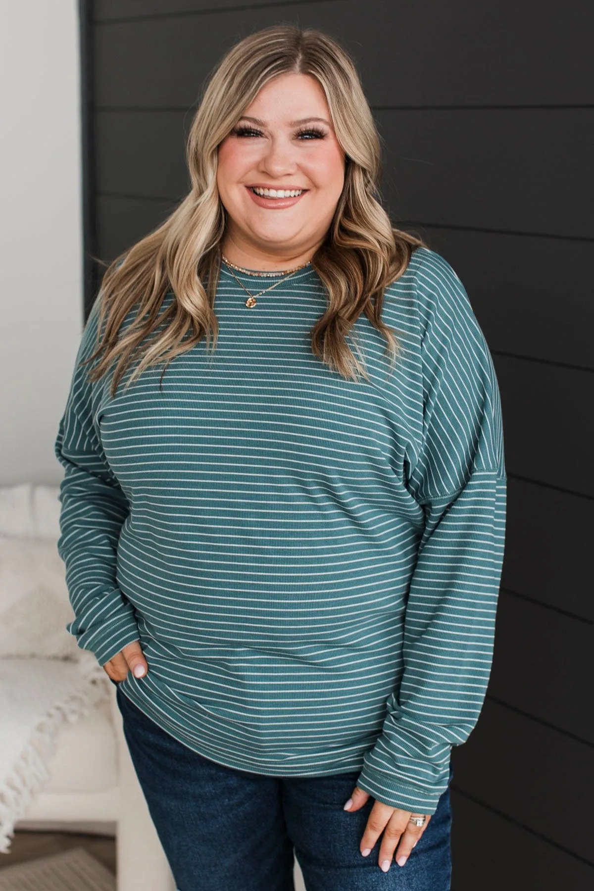 Brighten My Day Striped Pullover Top- Dark Teal