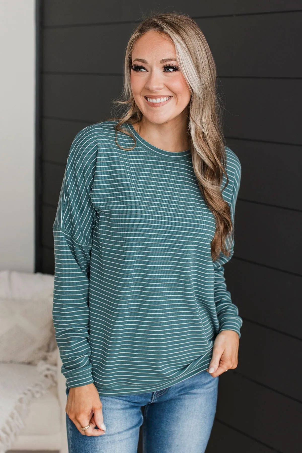 Brighten My Day Striped Pullover Top- Dark Teal