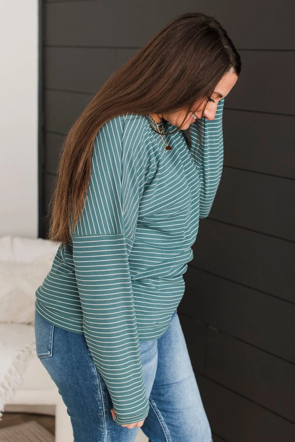 Brighten My Day Striped Pullover Top- Dark Teal