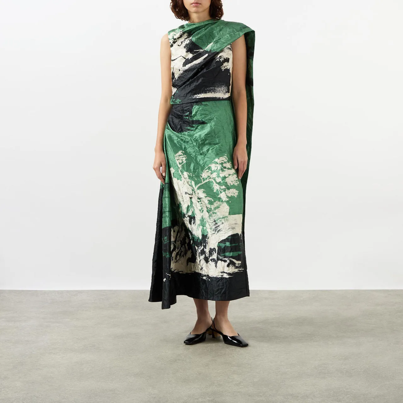 ERDEM Draped Scarf Printed Pencil Dress - Amneris Paint Sage Green