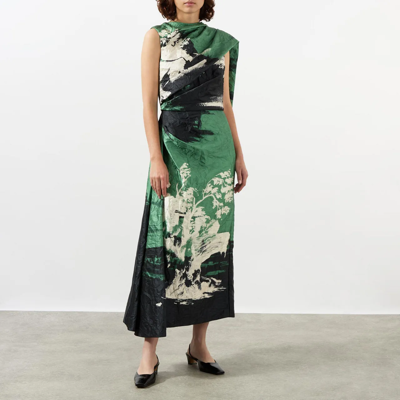 ERDEM Draped Scarf Printed Pencil Dress - Amneris Paint Sage Green