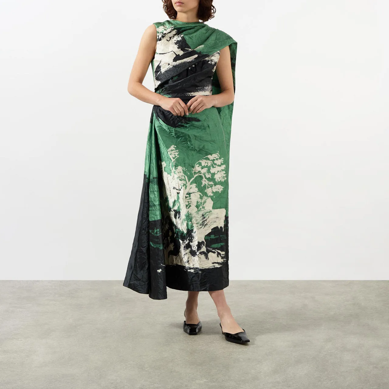 ERDEM Draped Scarf Printed Pencil Dress - Amneris Paint Sage Green