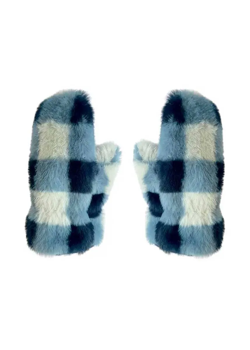 Furry Checked Mittens - Blue