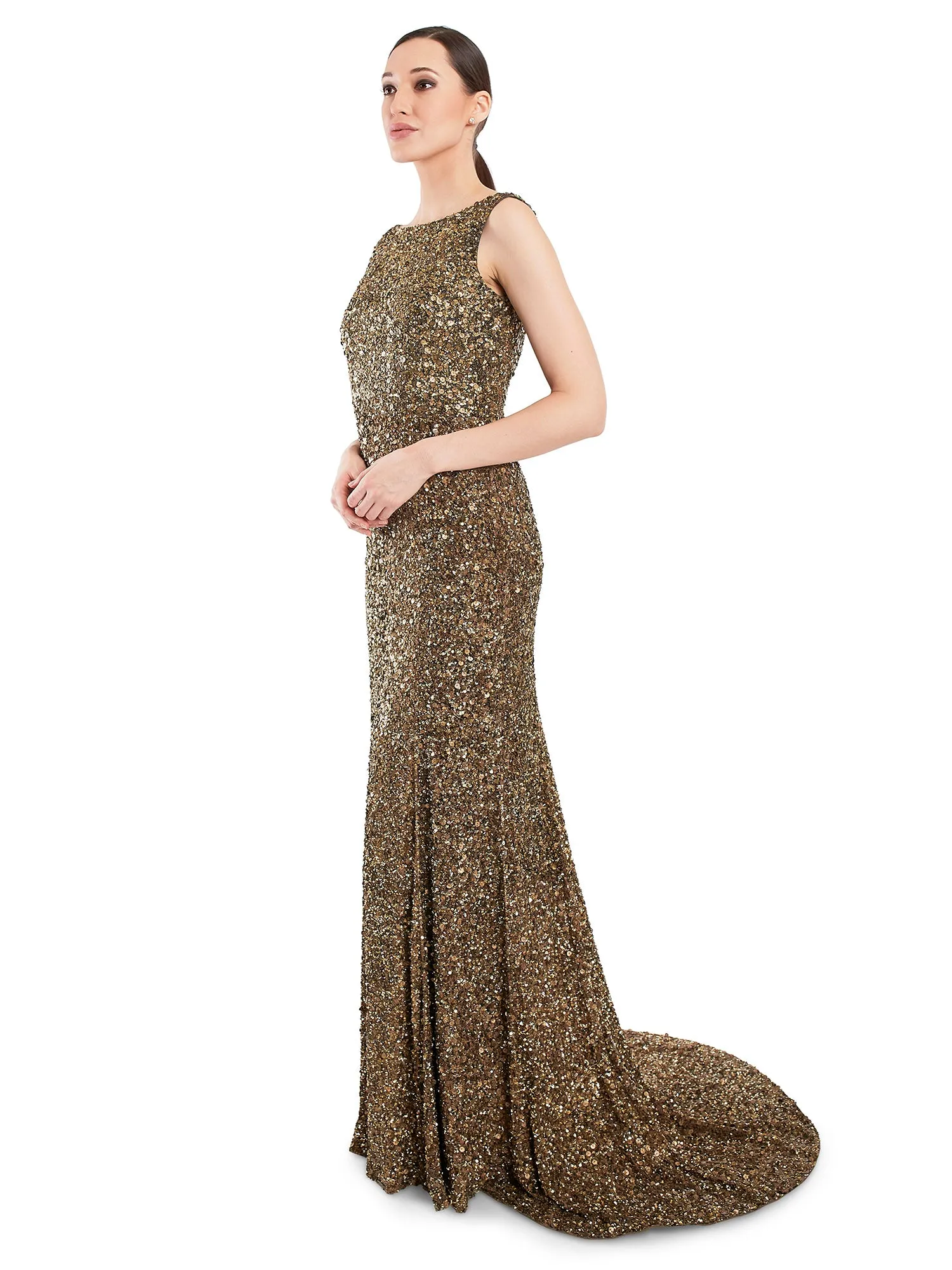 Golden Open Back Trail Gown