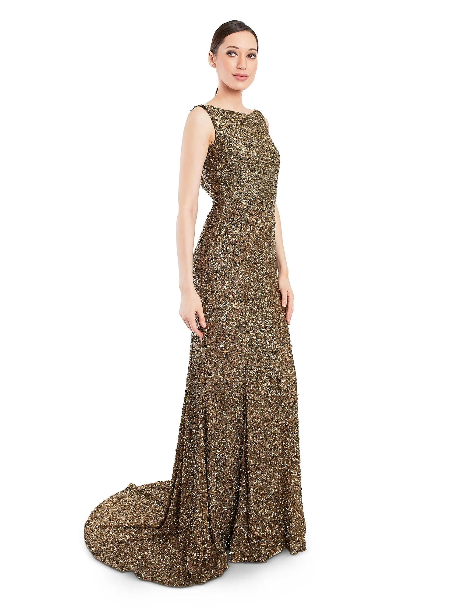 Golden Open Back Trail Gown