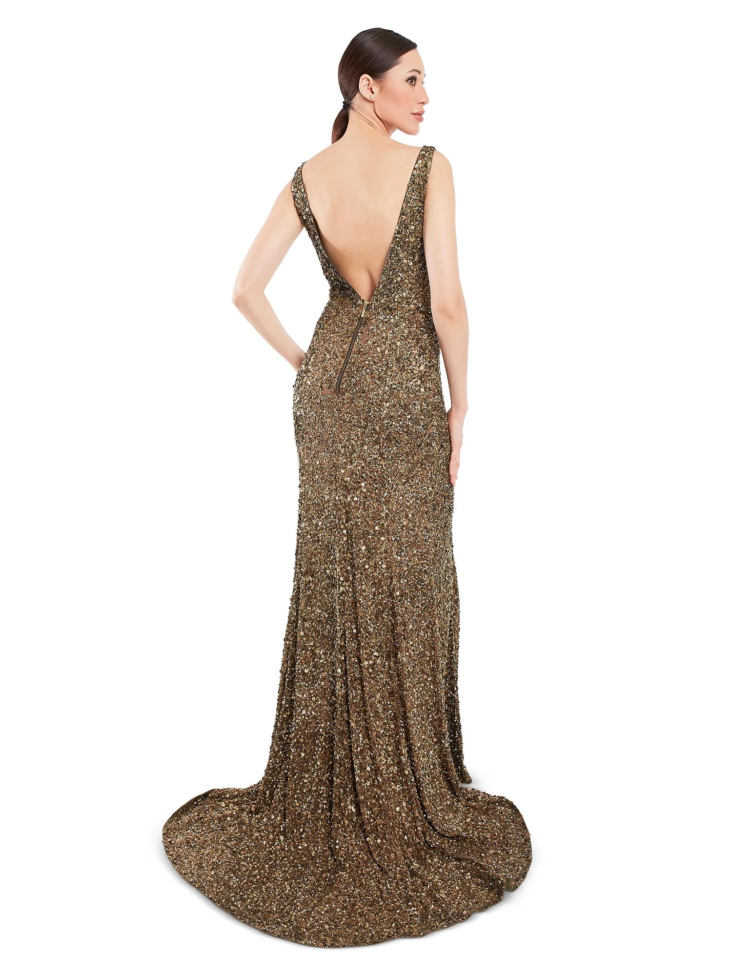 Golden Open Back Trail Gown