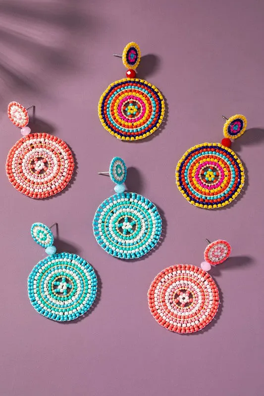 hand made color seed bead disk drop earrings