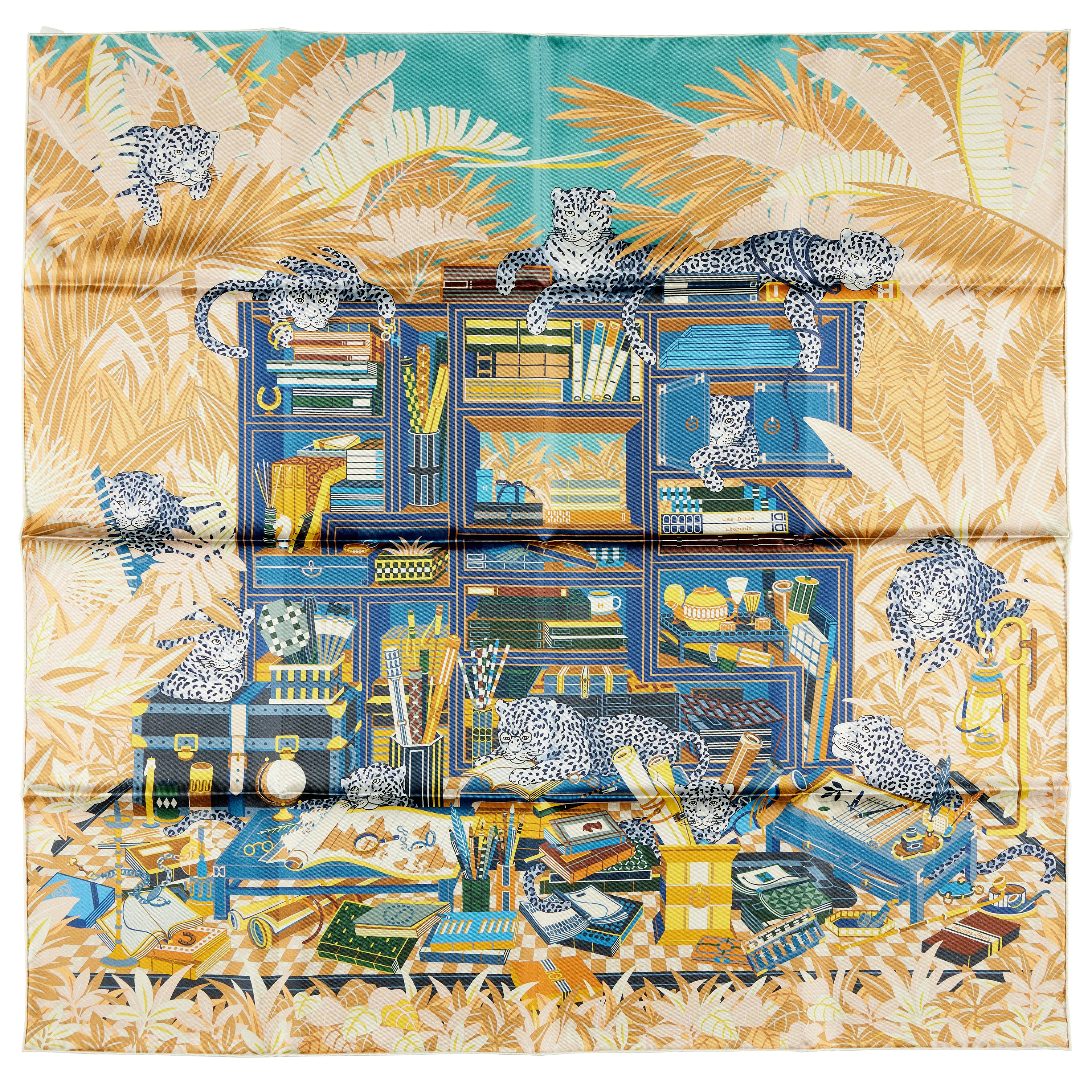 Hermès Bleu, Beige and Jaune, Les Douze Leopards Double Face Silk Scarf 90