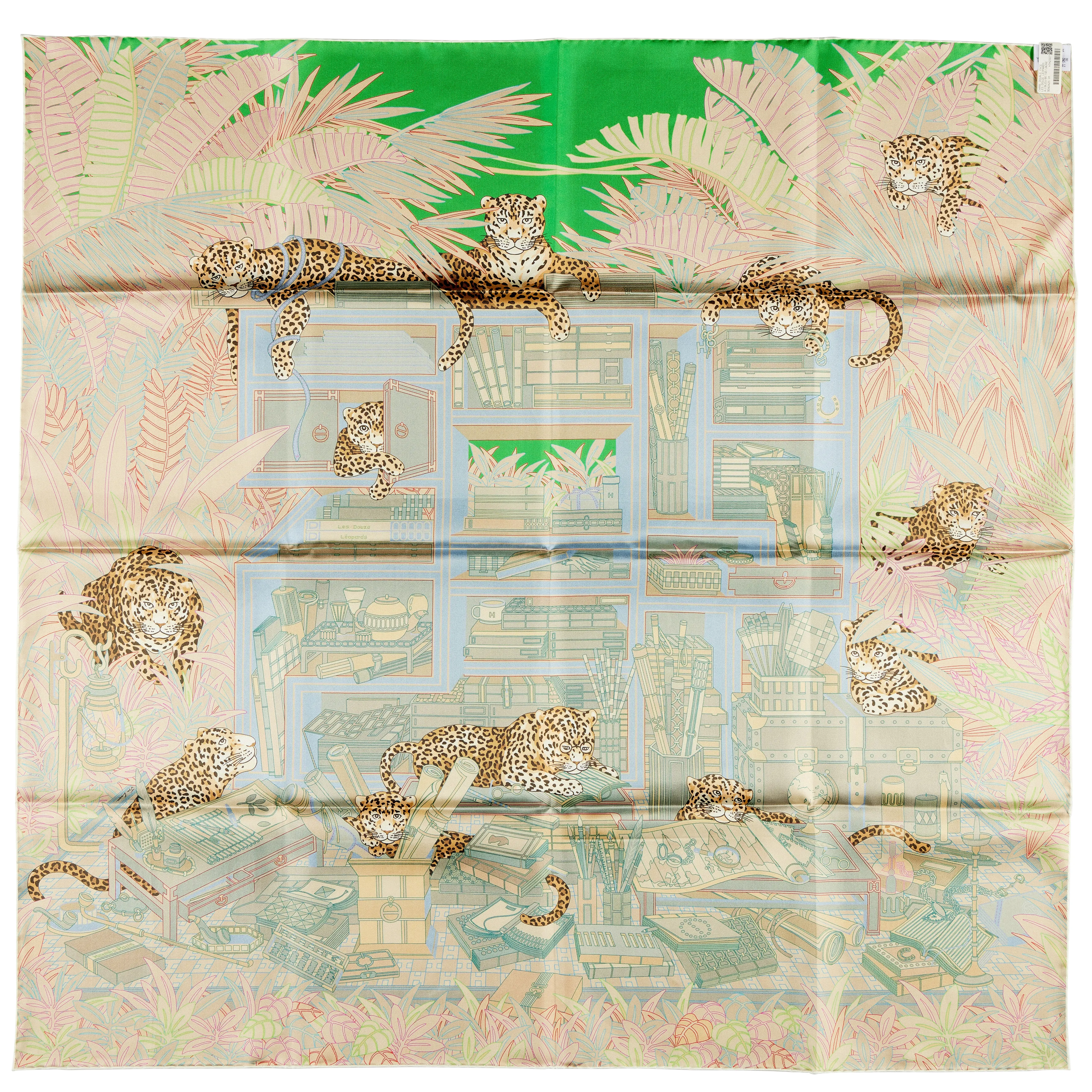 Hermès Bleu, Beige and Jaune, Les Douze Leopards Double Face Silk Scarf 90