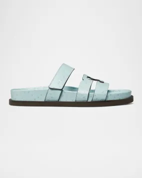 Ines Ostrich-Embossed Triple-Band Sport Mule Sandals