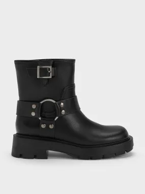 Metallic Buckled Ankle Boots - Black