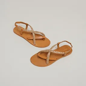 Sandals with straps in leather camel and gold