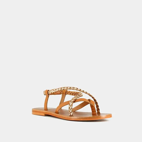 Sandals with straps in leather camel and gold