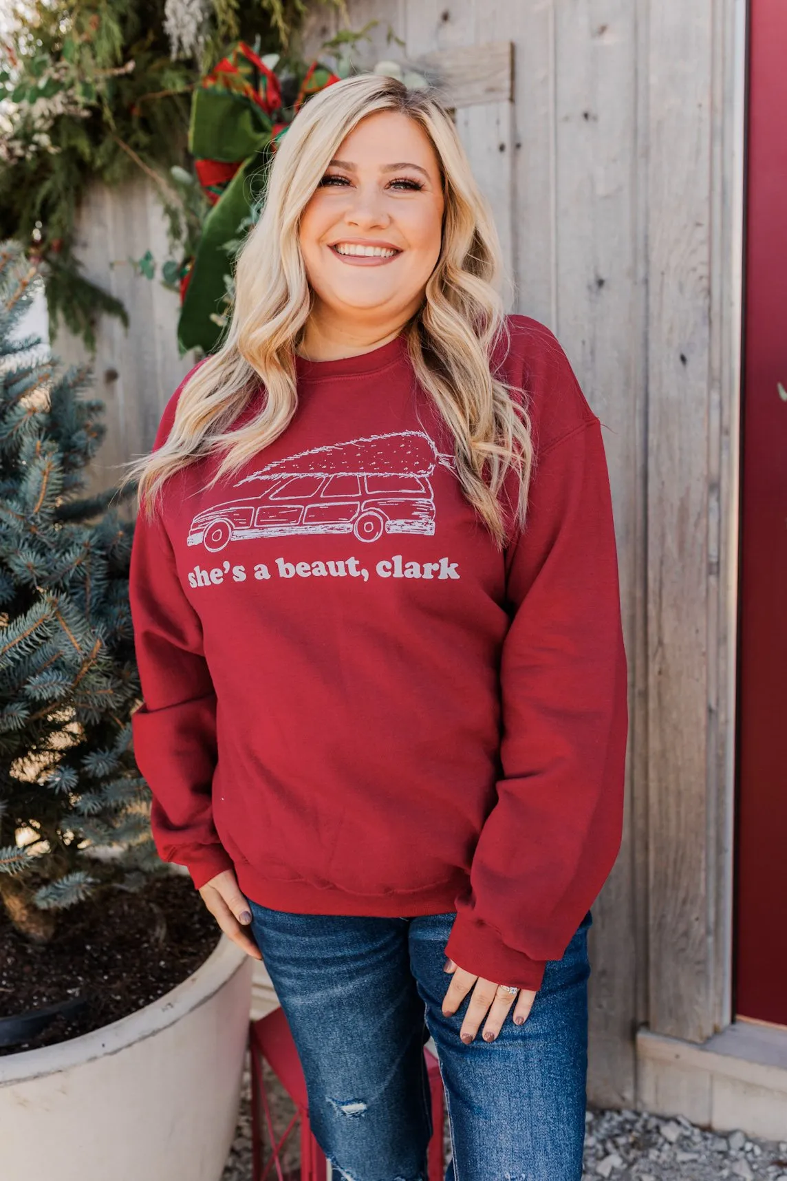 She's A Beaut, Clark Graphic Pullover- Cranberry