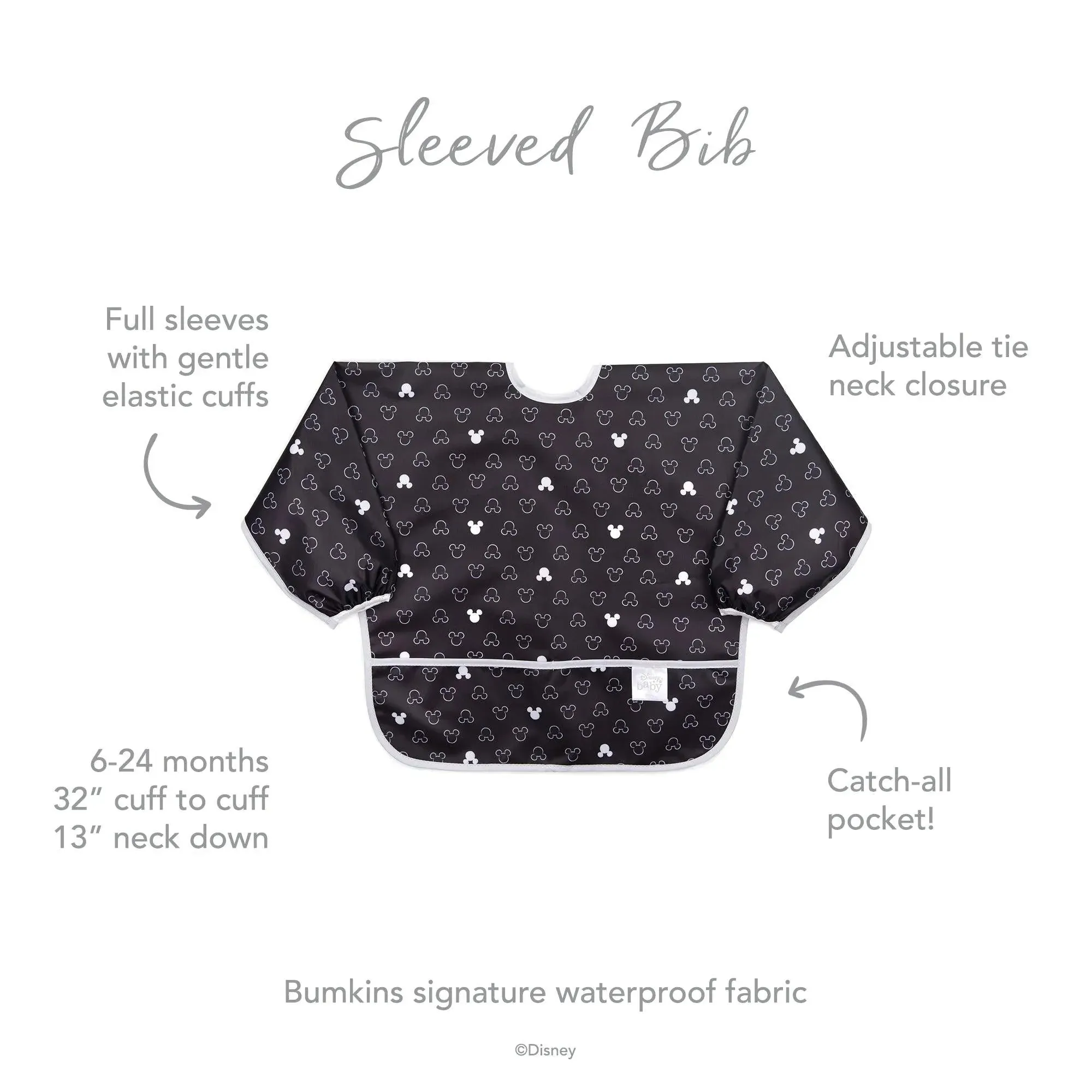 Sleeved Bib: Mickey Mouse Icon Black + White