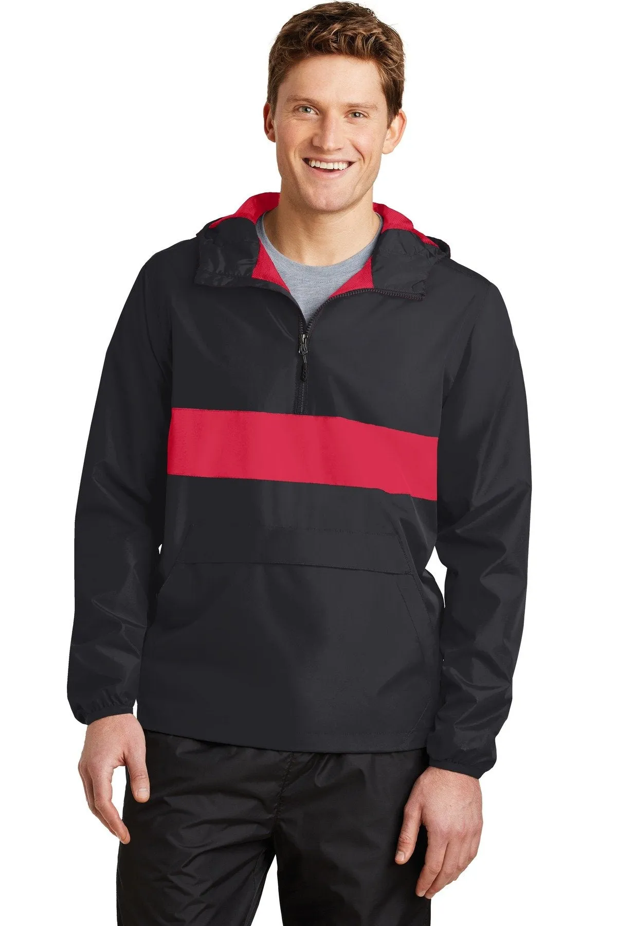 Sport-Tek Zipped Pocket Anorak JST65 Black/ True Red