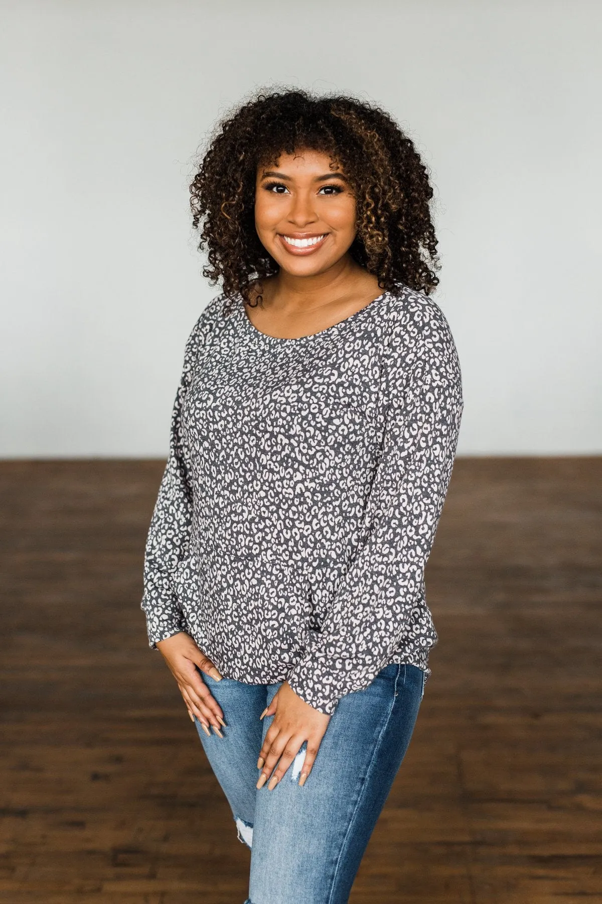 Wild Little Thing Animal Print Pullover- Charcoal & Taupe