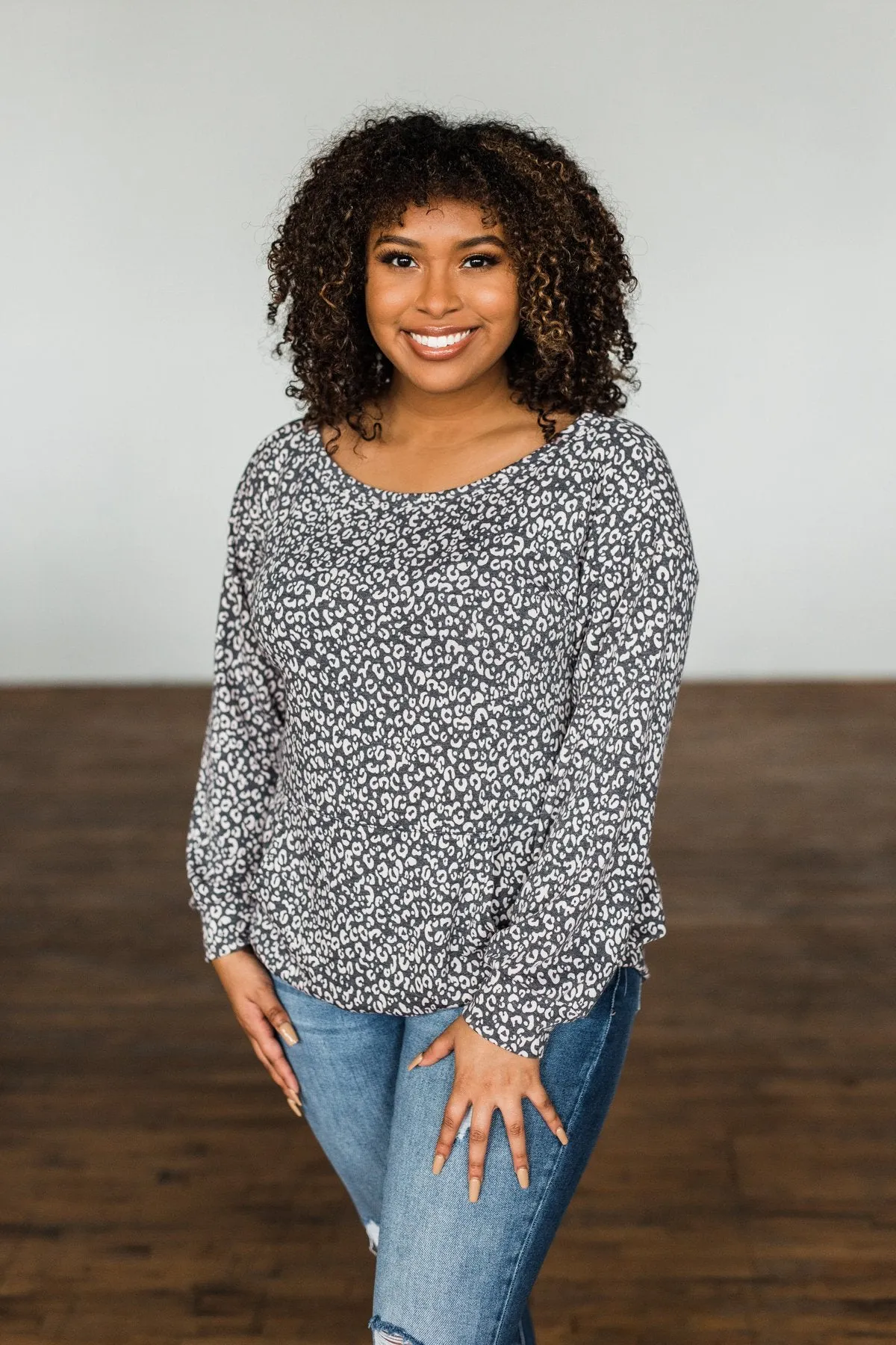 Wild Little Thing Animal Print Pullover- Charcoal & Taupe