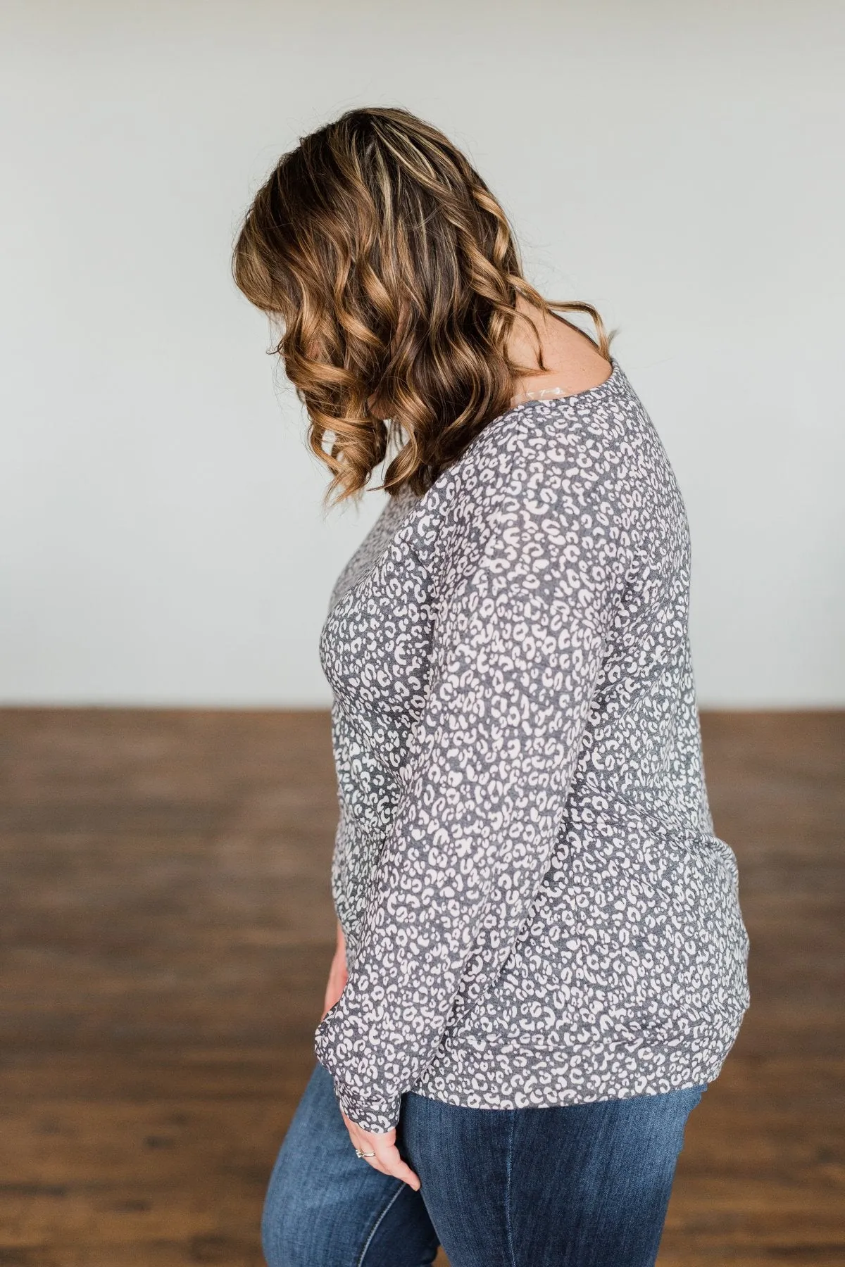 Wild Little Thing Animal Print Pullover- Charcoal & Taupe