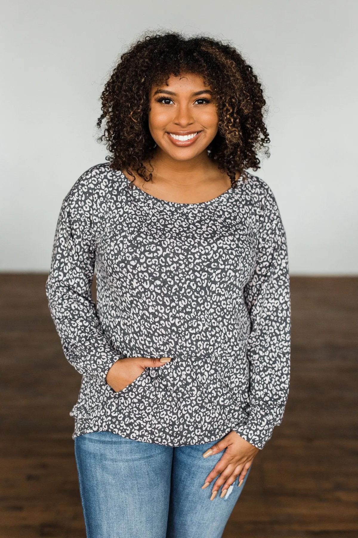 Wild Little Thing Animal Print Pullover- Charcoal & Taupe