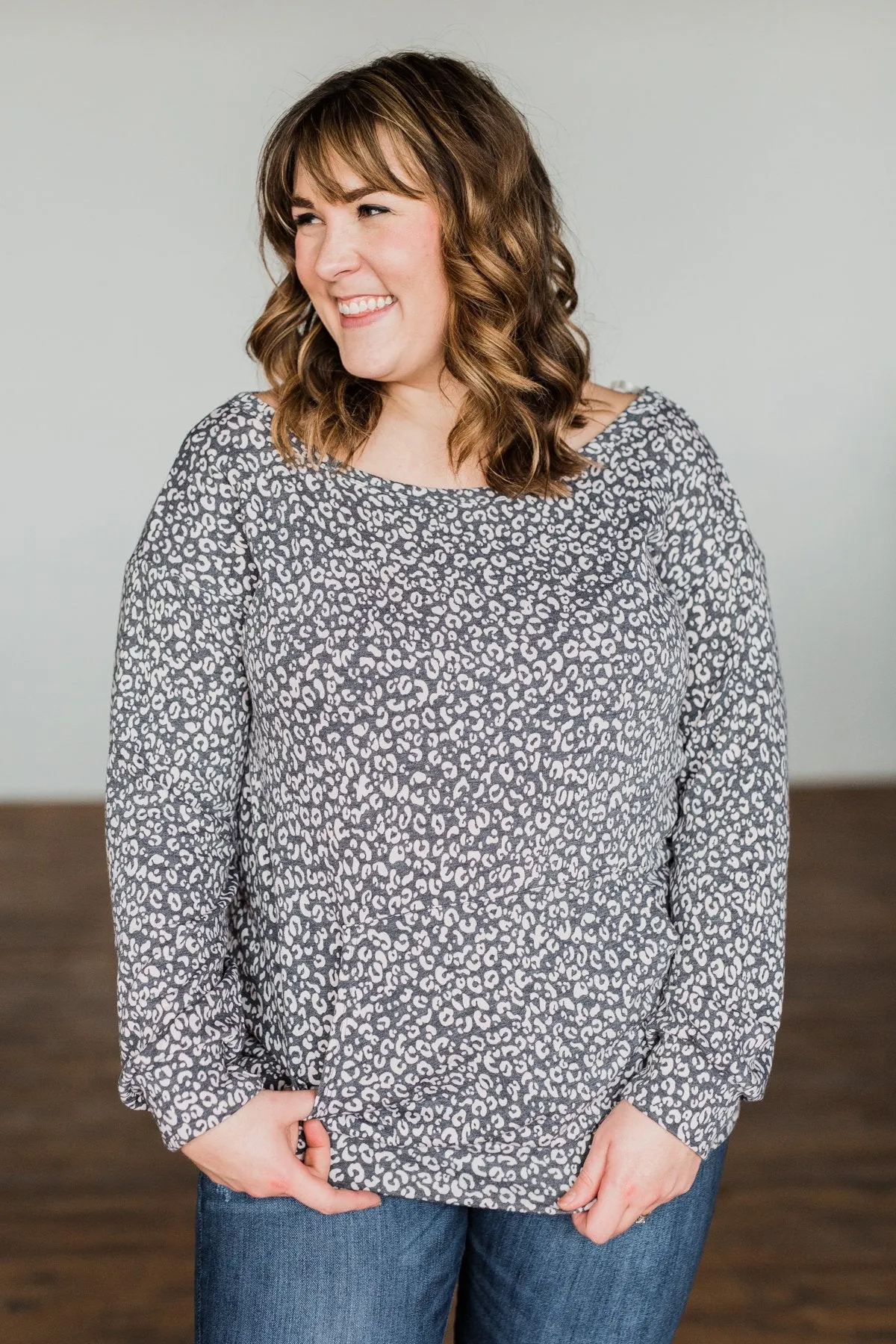 Wild Little Thing Animal Print Pullover- Charcoal & Taupe