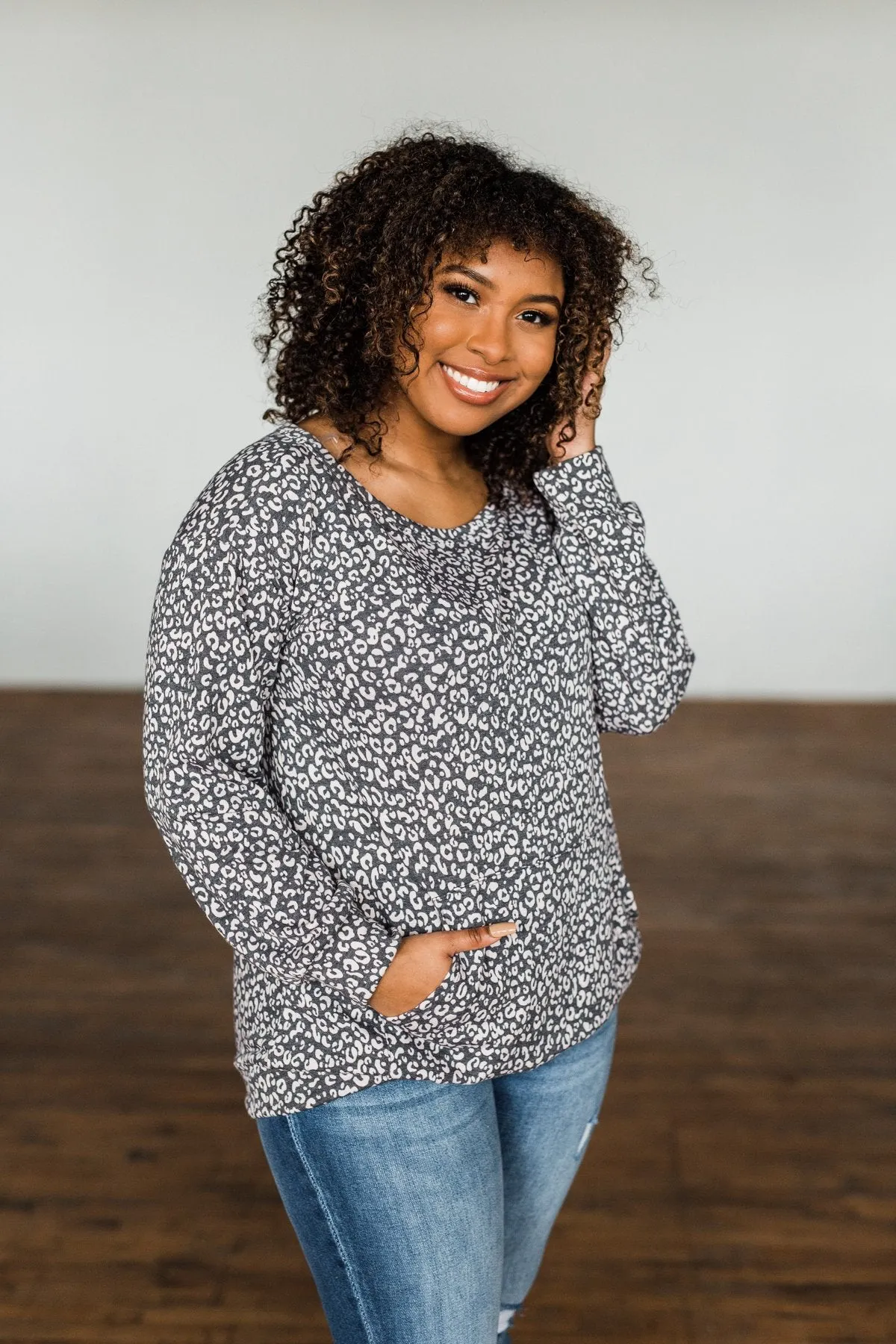 Wild Little Thing Animal Print Pullover- Charcoal & Taupe